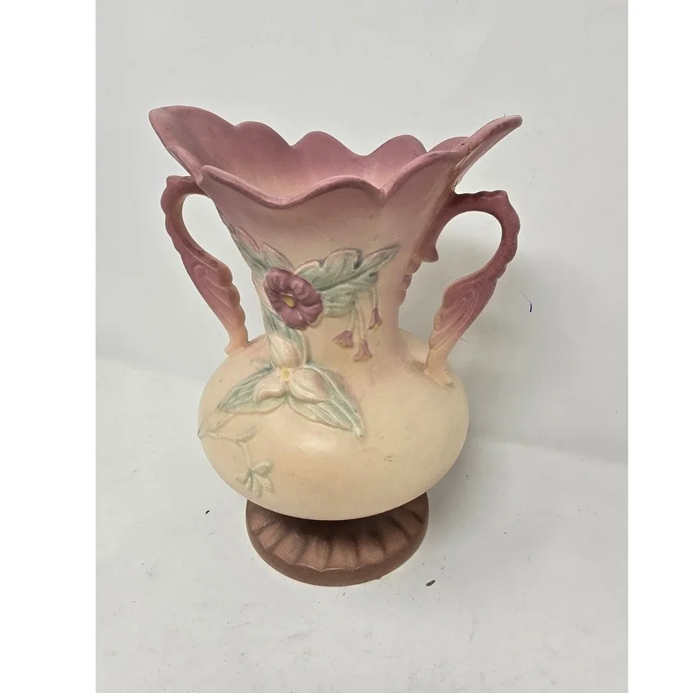 Vtg 1940s Hull Pottery Magnolia pattern‎ double handle vase USA cottagecore MCM